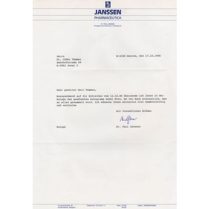 Paul Janssen Pharmaceutica Founder Physician Hand Signed Letter