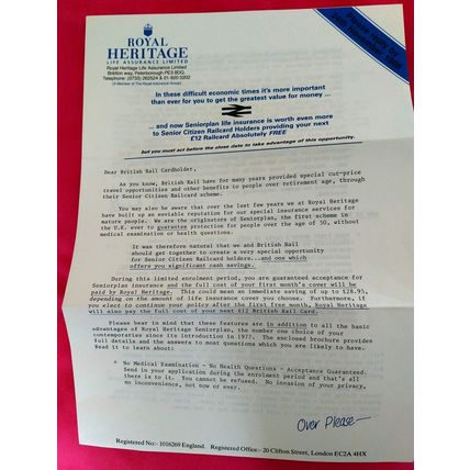 Royal Heritage Life Assurance circa 1980 offering a free BR travel card