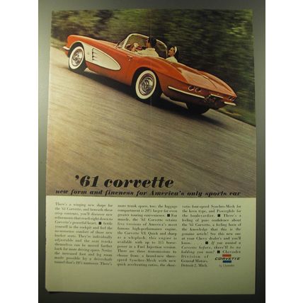 1961 Chevrolet Corvette Car Ad - 61 Corvette new form and fineness