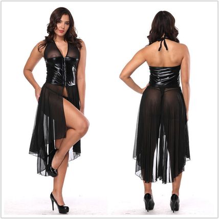 Women's Sexy Mesh Fetish Bodycon PU Leather Nightwear Clubwear halter top dress