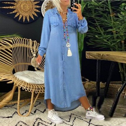 Plus Size Womens Denim Shirt Dress Ladies Button Long Sleeve Jeans Maxi Dresses