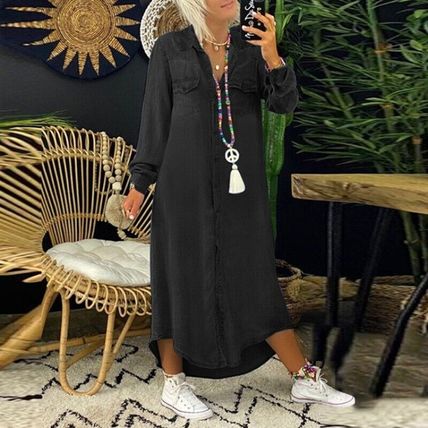 Plus Size Womens Denim Shirt Dress Ladies Button Long Sleeve Jeans Maxi Dresses