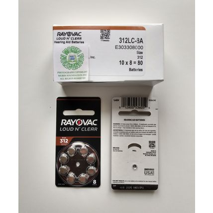"10 PACKAGES RAYOVAC LOUD N CLEAR 312 LC-8A HEARING AID 80 BATTERIES EXP 8/25"