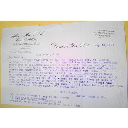 1901 Suffern, Hunt & Co Cereal Millers, Decatur IL: letter seeking legal opinion