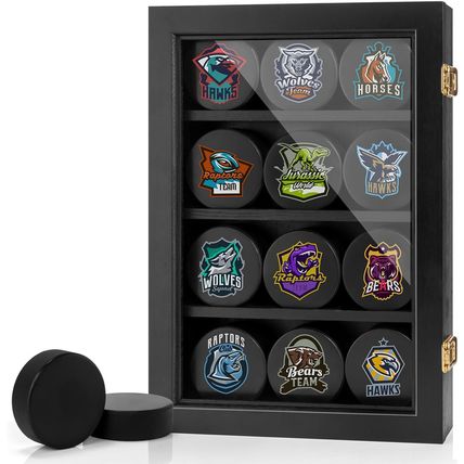 Hockey Display Case - 12 Pucks, Holder Cabinet Stand Shadow Box for Wall Mount,