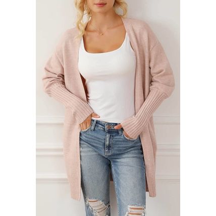 Smoke Gray Ribbed Trim Puff Sleeve Open Cardigan