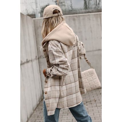 Khaki Plaid Removable Hood Buttoned Shacket