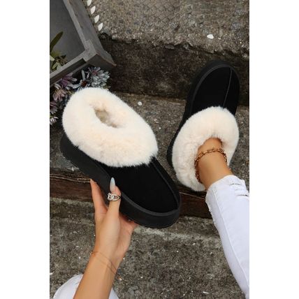 Black Plush Suede Trim Thick Sole Flat Snow Boots