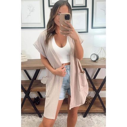 Parchment Ribbed Pocketed Short Sleeve Open Front Top
