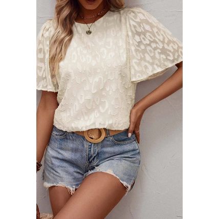 Beige Elegant Jacquard Butterfly Sleeve Blouse