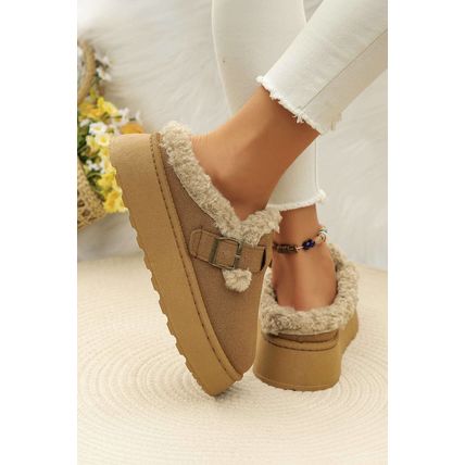 Brown Plush Patched Buckle Decor Thick Sole Thermal Slippers