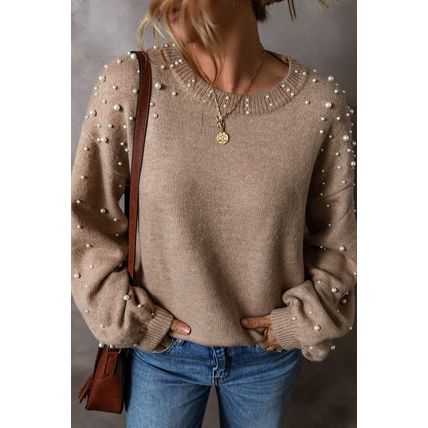 Smoke Gray Pearled Drop Shoulder Round Neck Sweater