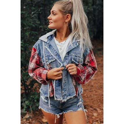 Beau Blue Plaid Print Patchwork Hooded Raw Hem Denim Jacket