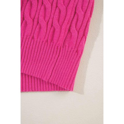 Rose Red Solid Cable Knit High Neck Drop Shoulder Sweater