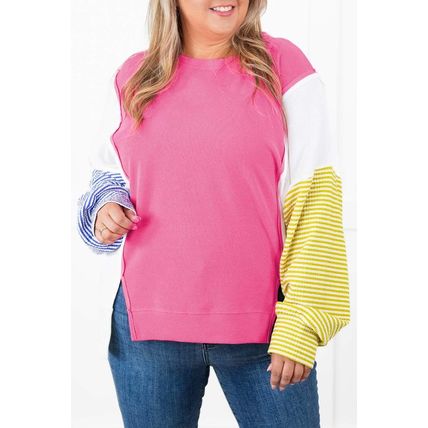 Rose Red Colorblock Patchwork Striped Puff Sleeve Plus Size Top with Slits