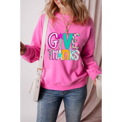 Bonbon GIVE THANKS Graphic Drop Shoulder Thanksgiving Pullover Sweatshirt