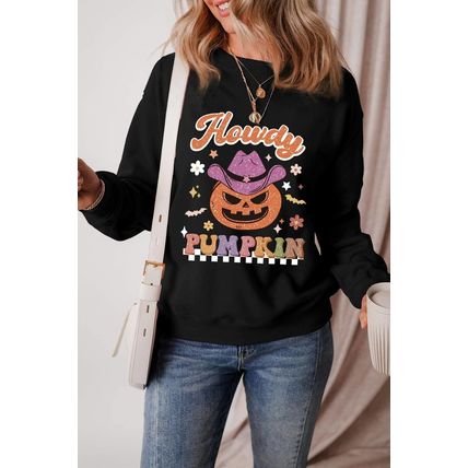 Black Halloween Howdy PUMPKIN Print Crew Neck Pullover Sweatshirt