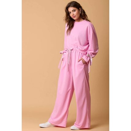 Bonbon Solid Color Drawstring Long Sleeve Top and Pants Set