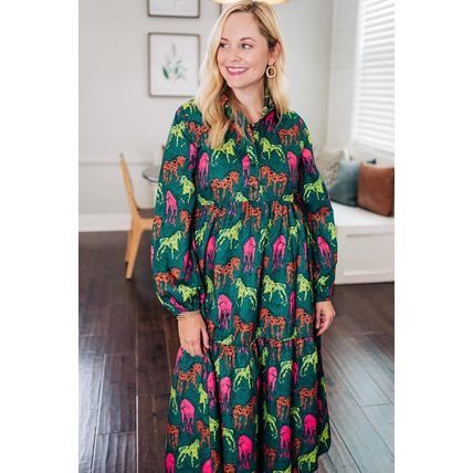 Green Horse Printed Long Sleeve Collared Buttoned Plus Size Midi Dress