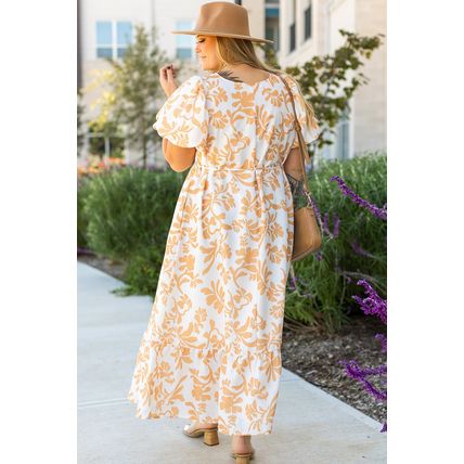 Apricot Floral Print Puff Short Sleeve Resort Plus Size Maxi Dress
