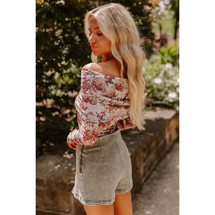 Pink Floral Printed Long Sleeve Sheath Bodysuit
