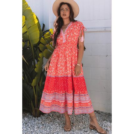 Red Floral Print Tasseled Tied Sleeve Empire Waist Maxi Dress