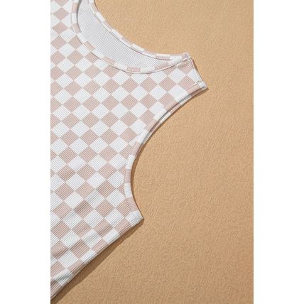 White Ribbed Texture Checkered Print 2pcs Tank and Pants Set