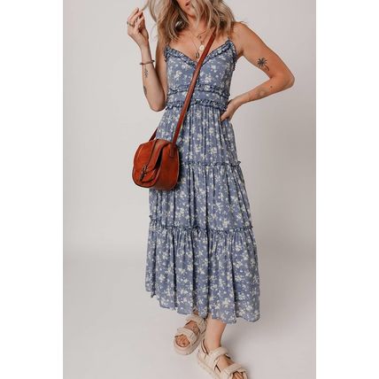 Blue Floral Spaghetti Strap Frilled V Neck Tiered Midi Dress