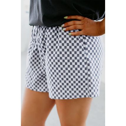 Gray Checkerboard Lace-Up High Waist Plus Size Casual Shorts