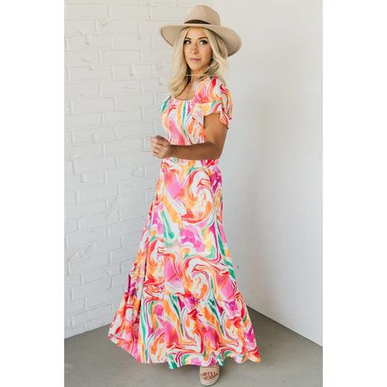Pink Abstract Print Ruffled Sleeve Smocked Bust Maxi Dress
