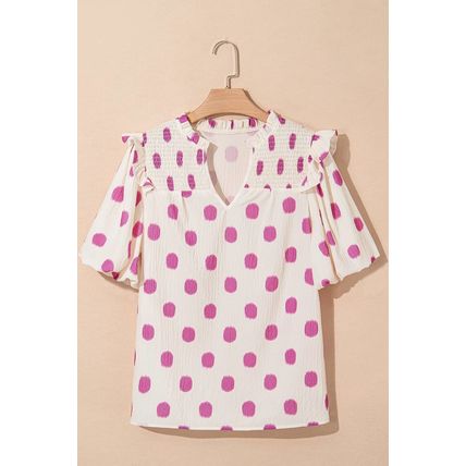 Rose Polka Dot Print Shirred Yoke Notched Neck Balloon Sleeve Blouse