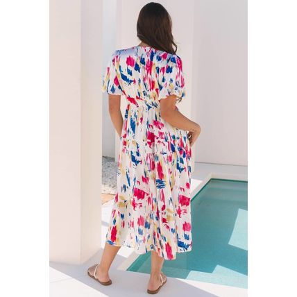 Rose Abstract Print Short Puff Sleeve Tiered Maxi Dress