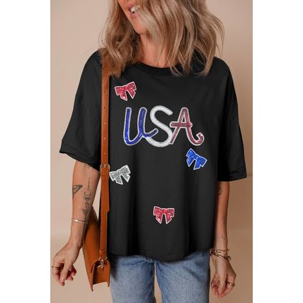 Black Sequin USA Bow Graphic Independence Day T Shirt