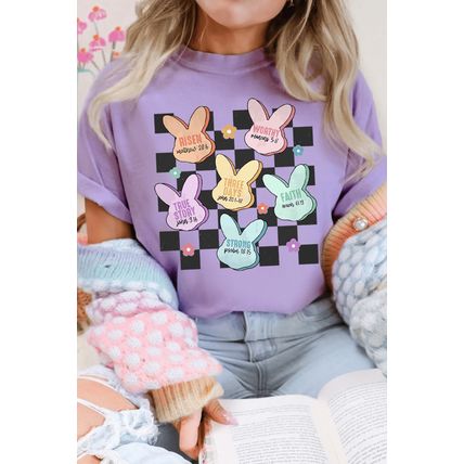 Wisteria Bunny Bible Verses Checkered Print Easter T Shirt
