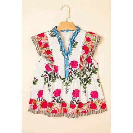 Pink Floral Print Tie Neck Striped Detail Flutter Sleeve Blouse