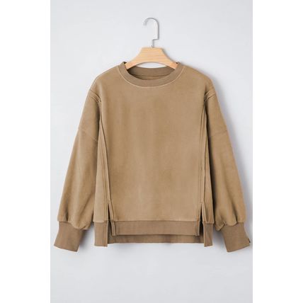 Dark Khaki Fuzzy Sherpa Splicing Pullover Sweatshirt with Side Slit