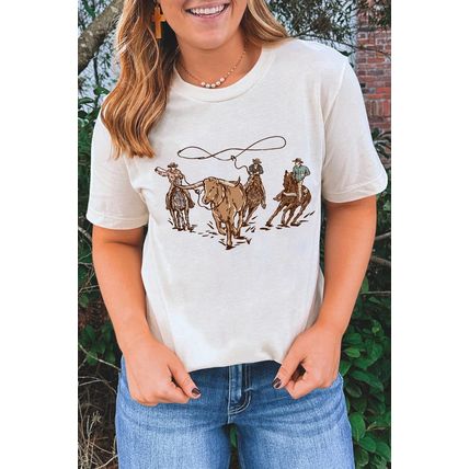 White Retro Cowboy Roping Cotton Blend Graphic Tee