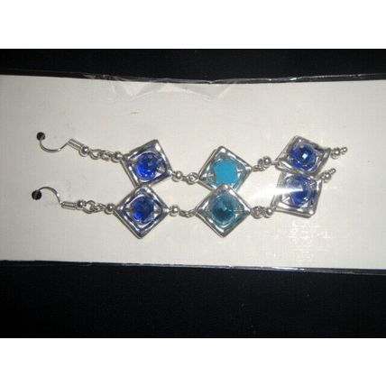 Unique part treated dark & light blue crystal glass dangle sparkly earrings