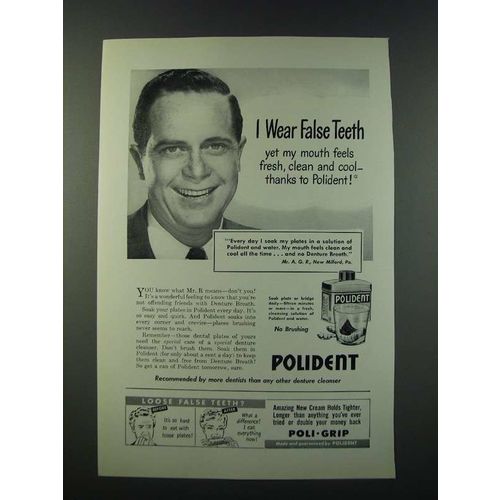 1949 Polident Denture Cleaner Ad - I Wear False Teeth