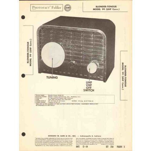 BLONDER-TONGUE model 99 TV UHF converter Sams Photofact manual