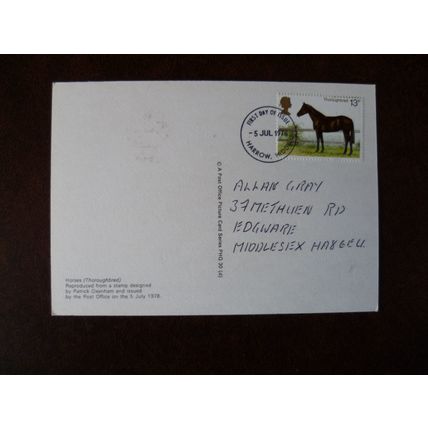 1978 GB Horses Thoroughbred PHQ 30d reverse FDI Harrow stamp animals