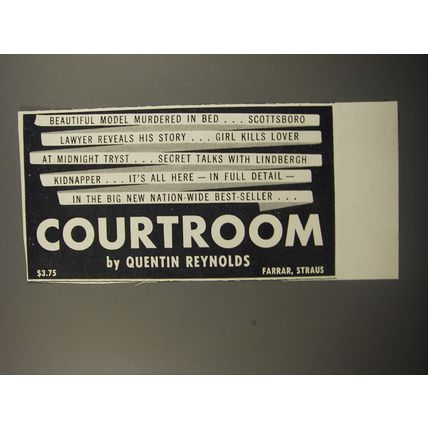 1950 Farrar, Straus Book Ad - Courtroom by Quentin Reynolds - Beautiful model