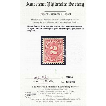J53, Mint NH 2¢ Postage Due With APS Certificate CV $170 * Stuart Katz