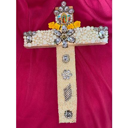 Wood Wall Artisanal Cross w/ Vintage Jewelry Catholic Virgen Mary