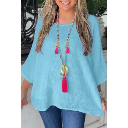 Aruba Blue Crinkled Bracelet Sleeve Flowy Blouse