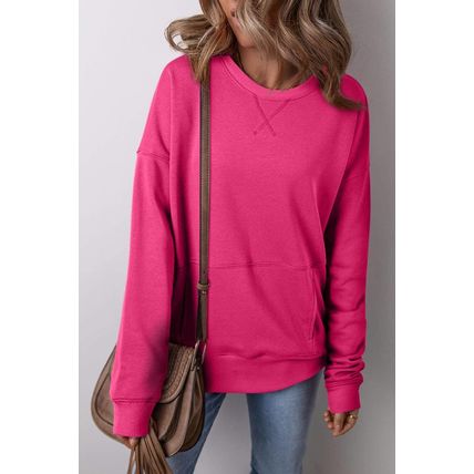 Rose Red Drop Shoulder Crisscross Stitching Pocketed Loose Sweatshirt