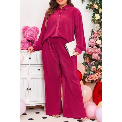 Rose Red Plus Size Ribbed Long Sleeve Shirt and Pants Pajama Set