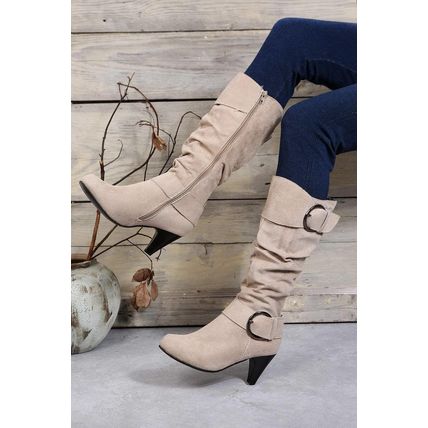 Beige Dual Buckle Strap Side Zip Heeled Mid Calf Boots