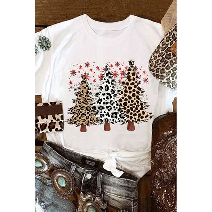 White Leopard Christmas Tree Graphic Crewneck Tee