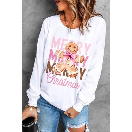 Beige Merry Christmas Gingerbread Man Graphic Sweatshirt